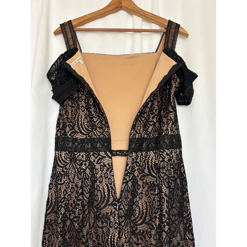 Rachel Rachel Roy Black Lace Cold Shoulder Midi Sheath Dress Tan Lining Size 10 - Picture 5 of 12